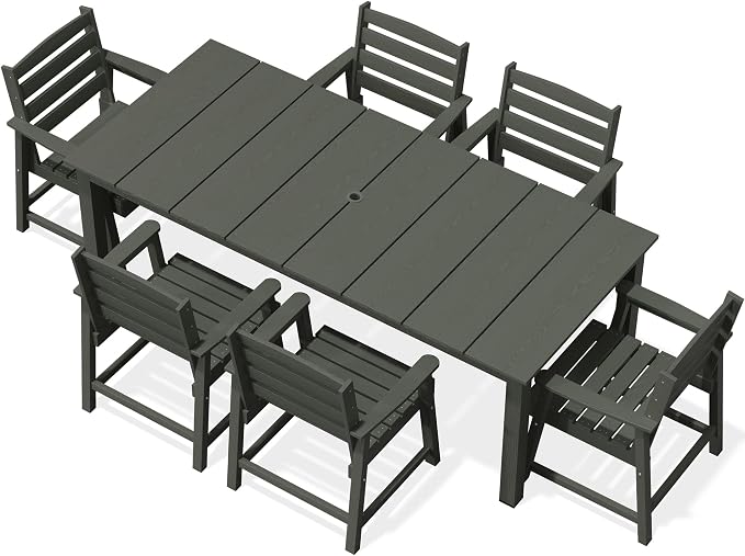 AreShark 7-Piece Outdoor Dining Set,HDPE Patio Table with 6 Armchairs,All-Weather Patio Furniture Set with Umbrella Hole,Low Maintenance Wood Grain Dining Set for Backyard,Garden,Poolside,Black