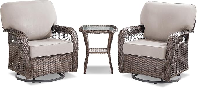 Belord 3 Piece Patio Set,Swivel Patio Chairs Set with Side Table, All-Weather Wicker Backyard Balcony Porch Seating Group,Beige