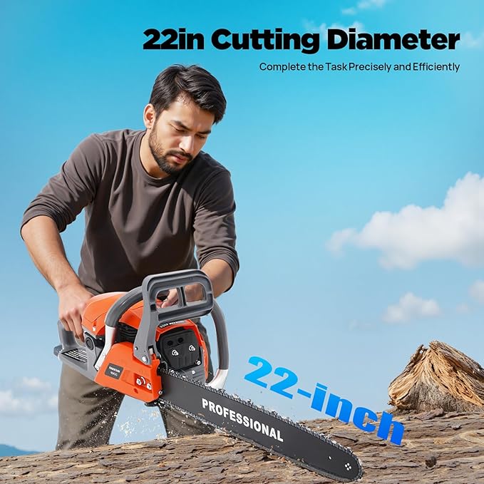 60cc 2-Stroke Gas Chainsaw, 22 Inch Power Chainsaws, Handheld Cordless Petrol Gasoline Chain Saw, Gas Powered Chainsaw Garden Tool for Cutting Wood Outdoor Home Farm Use