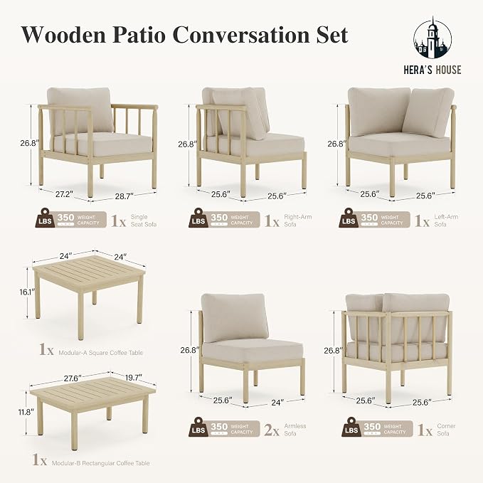 HERA'S HOUSE Patio Furniture,Acacia Wood Outdoor Sectional Sofa with 5.5" Ultra-Thick Cushions, L Shaped Modular Patio Conversation Set,Lawn Garden Backyard Couch Set with Nesting Tables,Beige