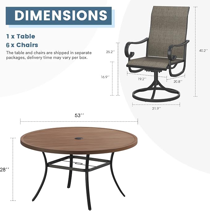 DIFY 7 Pieces Outdoor Dining Set for 6, Outdoor Furniture Set of 6 Brown Textilene Swivel Patio Chairs, 53" Walnut Round Metal Dining Table with Umbrella Hole, for Garden Deck Backyard