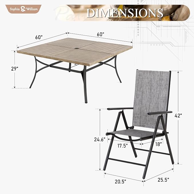 Sophia & William Patio Dining Set for 8, 8 Person Outdoor Dining Table Set Large Square Metal Patio Table and 8 Foldable Textilene Patio Chairs, Grey, 1.57"-1.9" Adjustable Umbrella Hole