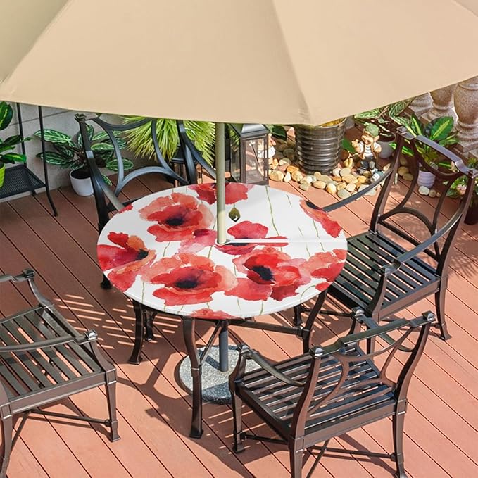 Fitted Round Tablecloth with Umbrella Hole and Zipper Red Flowers Outdoor Elastic Table Cloth 36"-44" Oil-Proof Waterproof Floral Patio Table Cover for Picnic Party