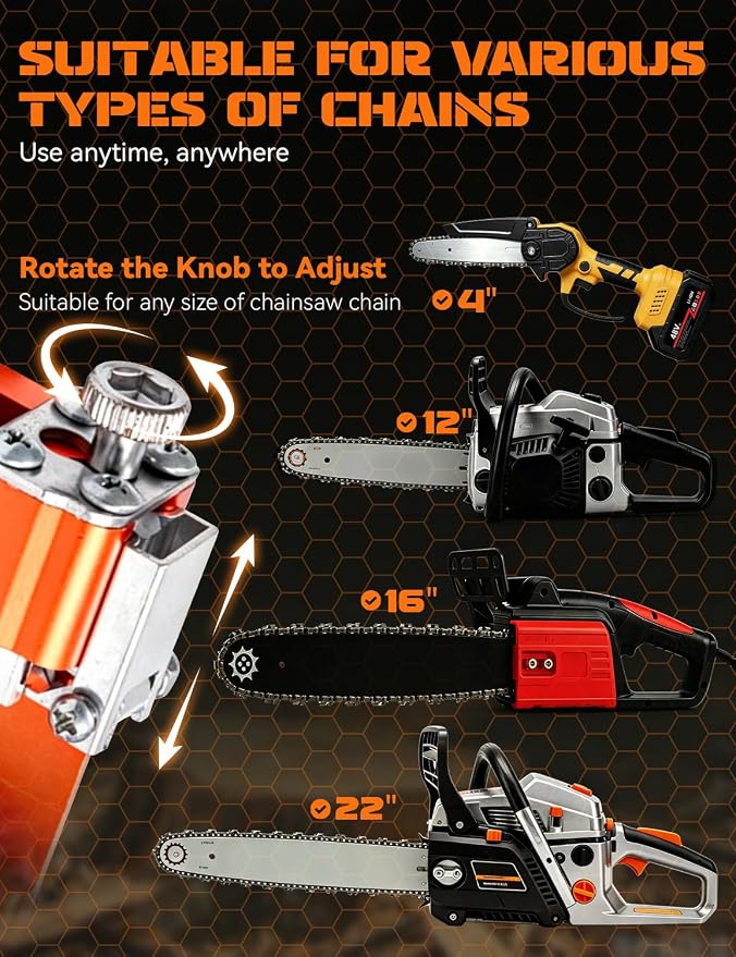 Chainsaw Sharpener Tool, Hand Crank Chain Saw Sharpener with 30° Angle Guide & Adjustable Clamp, Portable Chainsaw Kit for 4-22" Chains Gas & Electric Chainsaws (Orange-Big+10 Head)