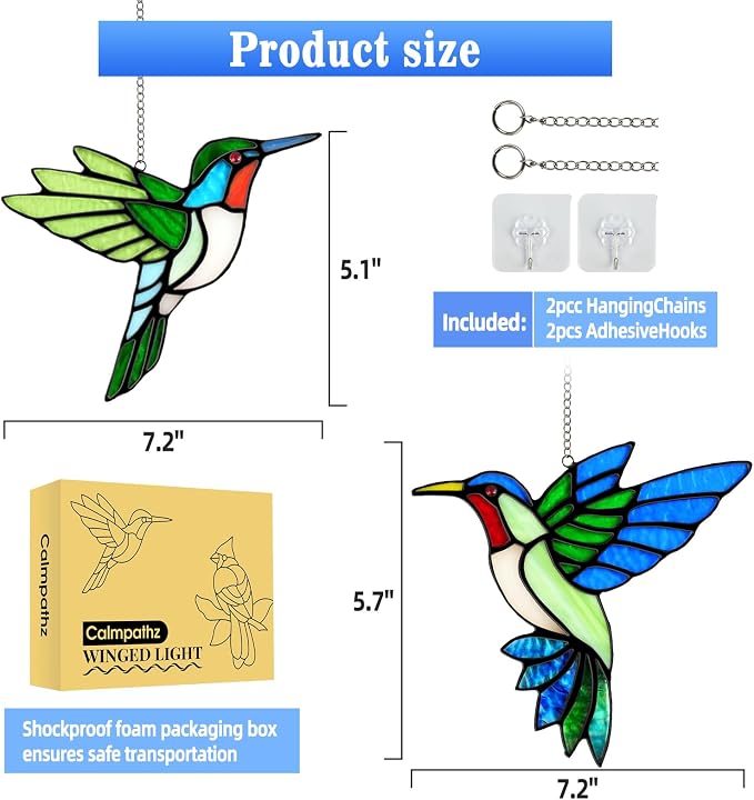 2 Packs Hummingbird Stained Glass Window Hanging Suncatchers - 6 Inch Handmade Real Glass with Copper Foil Edges, Bird Safe Gifts for Women Mom Grandma Bird Lovers(Suction Hooks Included)