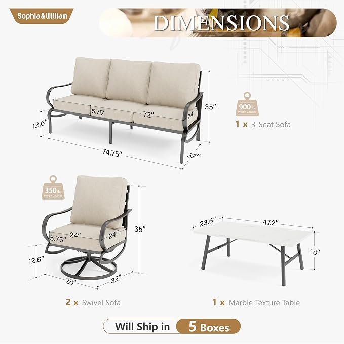 Sophia & William Patio Furniture Sets 5 Seats Outdoor Metal Conversation Sets 4 Pcs with 2 x Cushioned Swivel Sofa Chairs,1 x 3-Seat Sofa, 1x Marbling Metal Coffee Table Lawn Backyard Poolside Beige