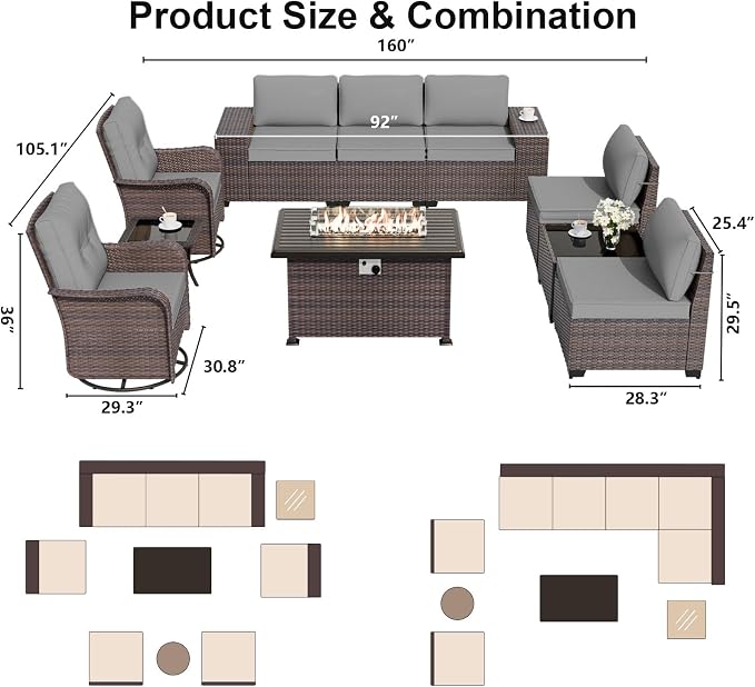 ALAULM 10 Pieces Outdoor Patio Furniture Set with 2 Swivel Chairs Outdoor Furniture Patio Sectional Sofas with 55000 Gas Fire Pit Patio Conversation Set w/7 Cushions-Grey