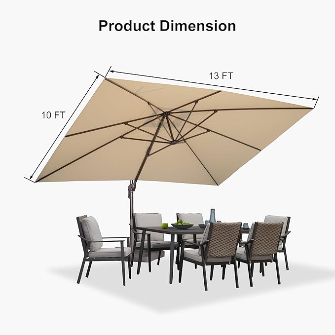 PURPLE LEAF 10' X 13' Patio Cantilever Umbrella with Base Rectangle Umbrella Outdoor with Aluminum Offset Antique Bronze Hanging and 360° Rotation for Pool Garden Deck Patio, Beige