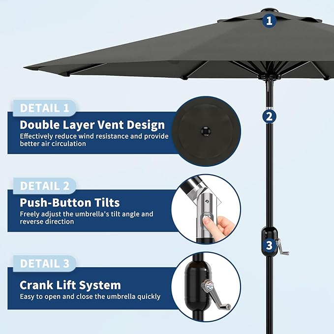 10FT Premium Patio Umbrella, Heavy Duty 8-Rib Steel Frame with Crank & Tilt, UV Protection, Fade Resistant Waterproof Polyster Canopy for Outdoor