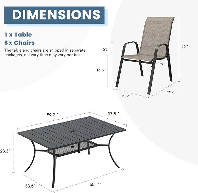DIFY 7 Piece Outdoor Dining Set, 59.2" Black Rectangle Metal Patio Table and Brown Textilene Stackable Chairs for 6, All Weather Patio Furniture Set with Umbrella Hole for Backyard Garden Deck