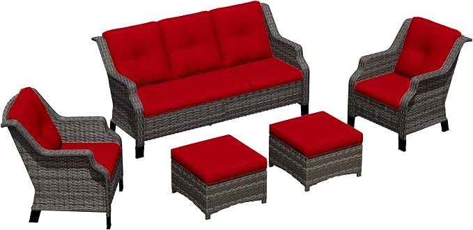 Patio Furniture Set 5 Pieces, Outdoor Wicker Furniture with Coffee Table and Side Table, Modern Rattan Patio Chairs Conversation Sets with Sofa for Garden, Terrace, Porch, Balconies, Lawns
