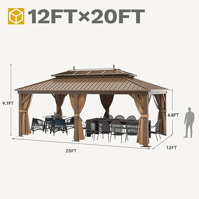 DWVO 12x20 ft Hardtop Gazebo Outdoor Heavy Duty Aluminum Gazebo with Nettings and Curtains, Combined of Horizontal and Vertical Stripes Roof for Patio, Backyard, Deck, Lawns and Balcony, Bronze