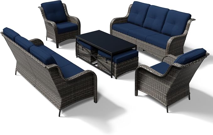 Joyside 7 Piece Wicker Patio Furniture Set, Rattan Patio Chairs with High Back, Deep Seating, Wide Armrest, Thickened Cushions, Outdoor Furniture for Deck, Porch Use