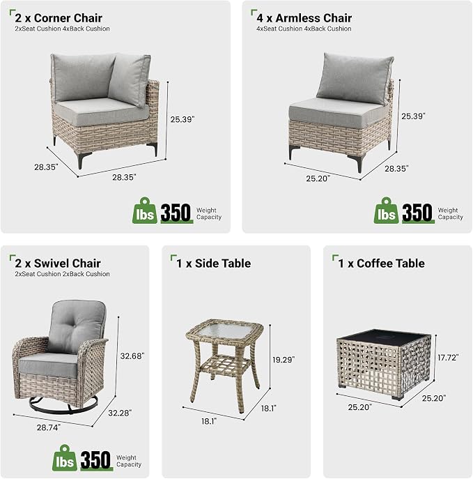 10 Piece Outdoor Patio Furniture with Swivel Rocking Chair, Rattan Wicker Conversation Set with Glowing Coffee Table, Sectional Single Chairs for Porch Balcony Backyard Pool,Grey