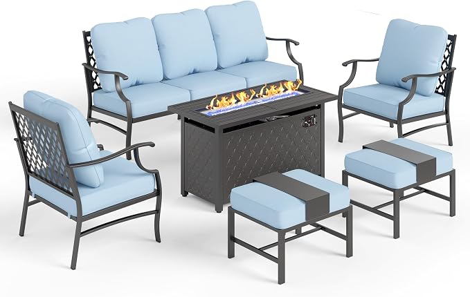 MIXPATIO Patio Furniture Set, 6 Pcs Metal Outdoor Conversation Set, 2 Single Chairs, 2 Ottomans and 3 Seater Sofa with 5.75" Extra Thick Cushion and Gas Fire Pit Table, Blue