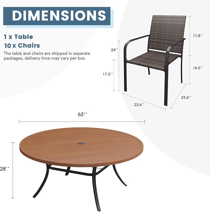 DIFY 11 Piece Outdoor Dining Set, Patio Table and Chairs Set for 10 with Umbrella Hole, 63" Walnut Round Dining Table & Stackable Wicker Patio Chairs, Metal Patio Furniture Set for Garden Backyard