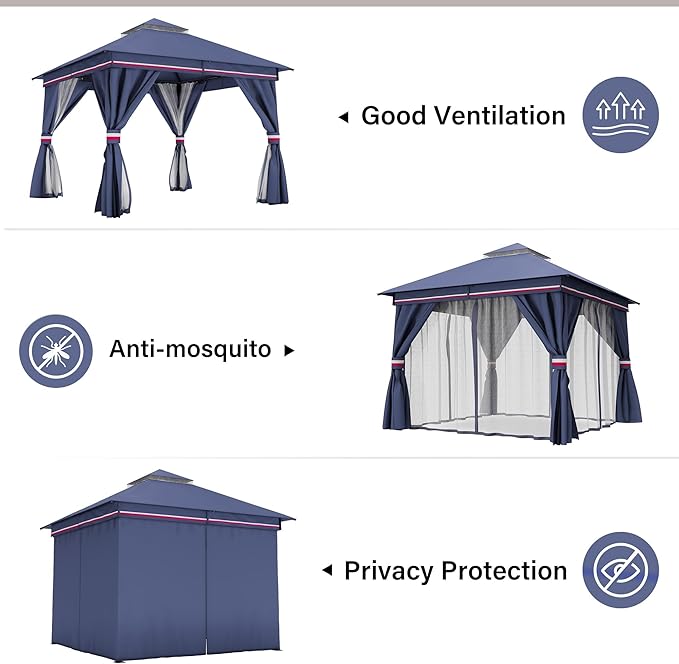 LAUSAINT HOME Patio Gazebo 10'x10', with 50ft Lights Outdoor Heavy Duty Party Tent Shelter with Double Roofs, Mosquito Nettings and Privacy Screens for Backyard, Garden, Lawn, Classic Blue
