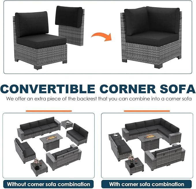 13 Piece Patio Furniture Set with Fire Pit Table, Outdoor Sectional Conversation Sets Grey Wicker Rattan Sectional Sofa for Patio Garden Backyard, 4'' Thickened Cushion Black