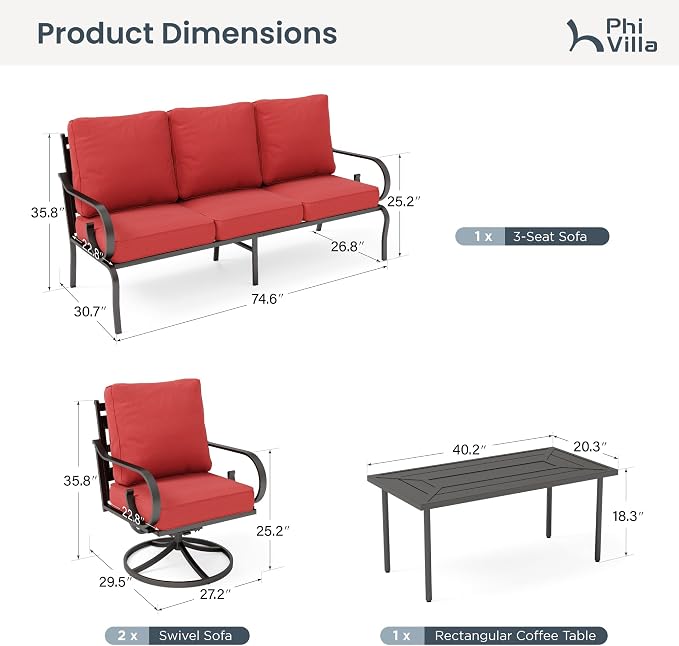 PHI VILLA Patio Furniture Set, 3-Seater Sofa, 4 Swivel Chairs and a Coffee Table, Outdoor Metal Conversation Set with 5.75" Extra Thick Cushion for Garden Backyard Deck, Red