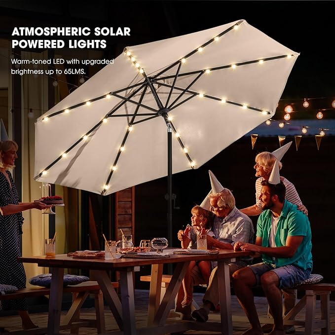 wikiwiki 10FT Solar Led Patio Umbrella with Base Included, 32 LED Lights, 8 Sturdy Ribs, Fade Resistant Waterproof POLYESTER DTY Canopy for Garden, Lawn, Deck, Backyard & Pool, Beige