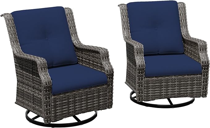 Outdoor Wicker Chairs Set of 2, Patio Swivel Rattan Chair with Wide Armrest and Thick Cushions, Ideal for Backyard, Garden, Poolside, Blue
