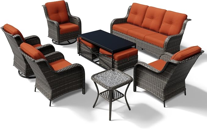 Joyside 9 Piece Wicker Patio Furniture Set, Outdoor Swivel Rocker Patio Chairs with High Back, Deep Seating, Wide Armrest, Thickened Cushions, Outdoor Furniture for Deck, Porch Use
