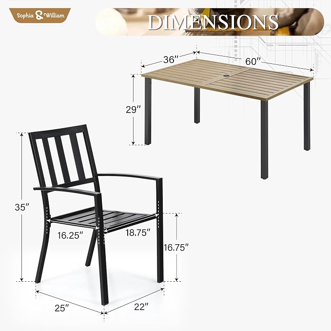 Sophia & William Patio Table and Chairs Set, Outdoor Dining Set for 6, 7 Piece Metal Patio Furniture, 60" Rectangular Table with Wood-Like Tabletop(Stripe)