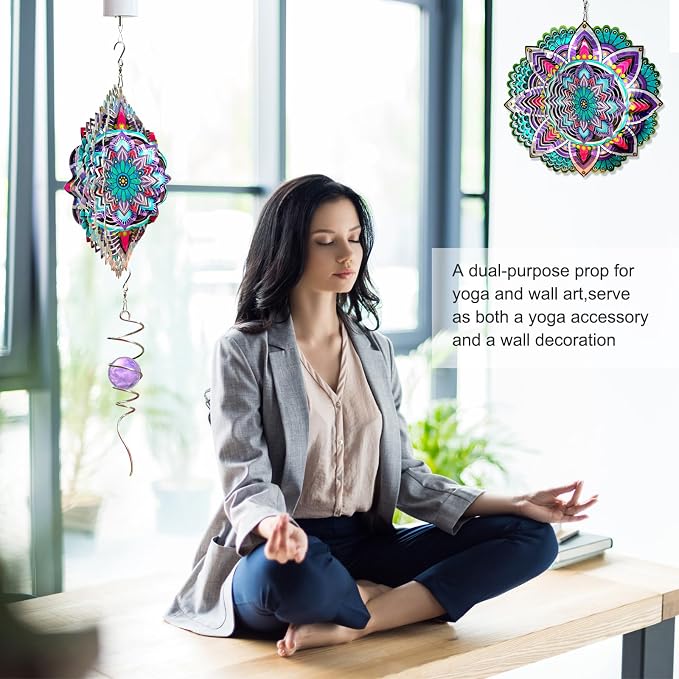 Goolyrusim Wind Spinner Mandala Jasmine, 12Inch Laser Cut Stainless Steel Wind Spinners, 3D Hanging Wind Sculptures for Yard and Garden Decoration Outdoor Decor Ornament, Mandala Gifts for Women Men