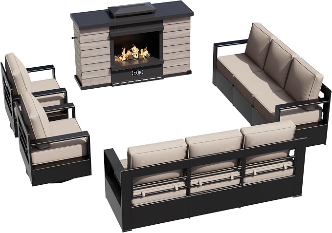 Outdoor Aluminum Furniture Set, 5-Piece Patio Conversation Set, 2 Swivel Chairs, 2 Sofa and 1 Fireplace, All-Weather Metal Frame, 6" Thick Removable Cushions, Deep Setting for Garden and Porch