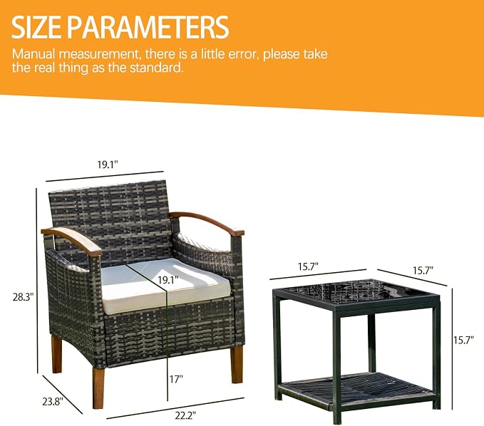 3 Pcs Outdoor Patio Furniture Sets, Outdoor Patio Rattan Chair with Side Coffee Table, Conversation Set Outdoor for Yard Garden Backyard Lawn (Gray)