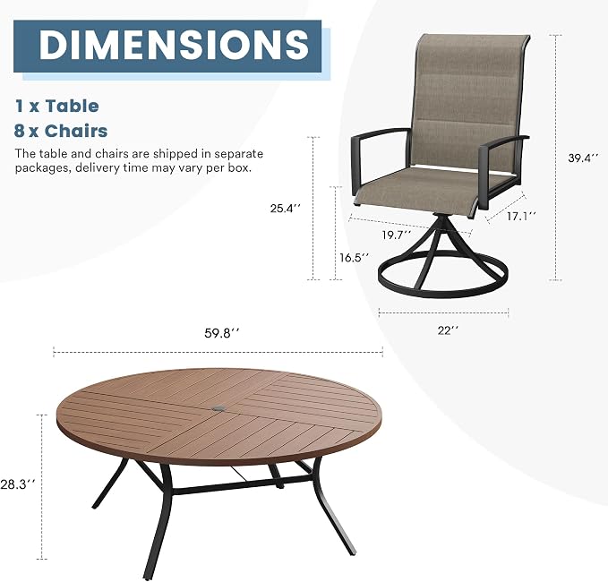 DIFY 9 Piece Outdoor Dining Set, Metal Patio Table and Chairs Set, 59.8" Walnut Round Dining Table & 8 Brown Padded Textilene Swivel Patio Chairs, Outdoor Furniture Set for Garden Backyard Porch