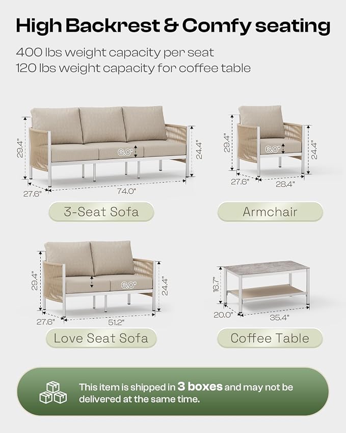 Aluminum Outdoor Patio Furniture Set with Dual-Layer Coffee Table, 4 Piece Modern Patio Conversation Sets with PE Rope, Outdoor Sectional Sofa with Thick Cushions for Balcony, Deck, Beige