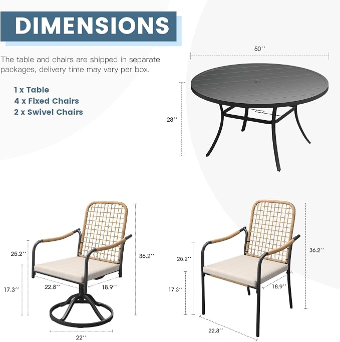 DIFY 7 Pieces Outdoor Dining Set for 6, Patio Furniture Set of 6 Wicker Patio Chairs with Soft Cushions and 50" Black Round Metal Table with Umbrella Hole, for Backyard Garden Deck, Wheat Rattan