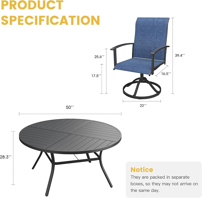 VICLLAX Outdoor Table and Chairs Set of 6, Metal Patio Dining Set-50.1" Round Dining Table and 6 Swivel Chairs for Deck, Lawn and Garden, Black Table and Blue Chairs