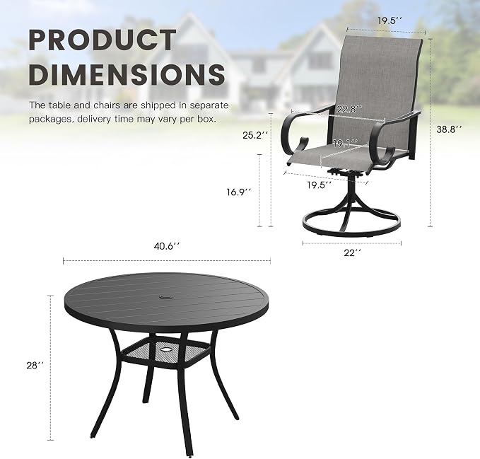 5 Pieces Patio Dining Set, 4 Outdoor Swivel Dining Chairs with 40.6" Round Metal Outdoor Dining Table with Umbrella Hole for Garden Backyard Deck, Grey & Dark Grey