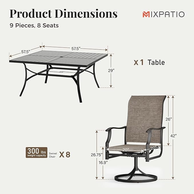 MIXPATIO Patio Dining Set for 8, Outdoor Table and Chairs Set with 8 x Textilene Swivel Chairs and Square Outdoor Dining Table for Cozy Deck Garden Settings, Grayish-Brown