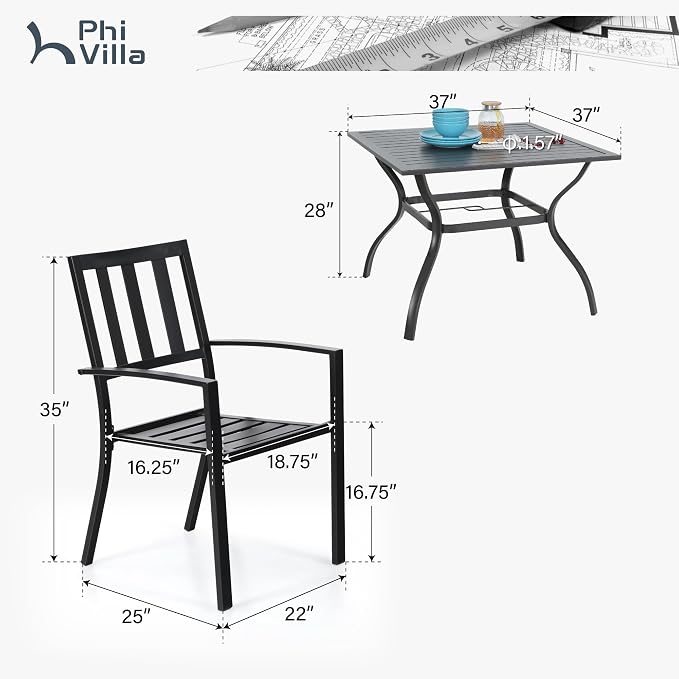 PHI VILLA Patio Dining Set,4 Stackable Chairs& 37" Square Metal Table | Outside Furniture Set for Patio, Deck, Backyard, Porch
