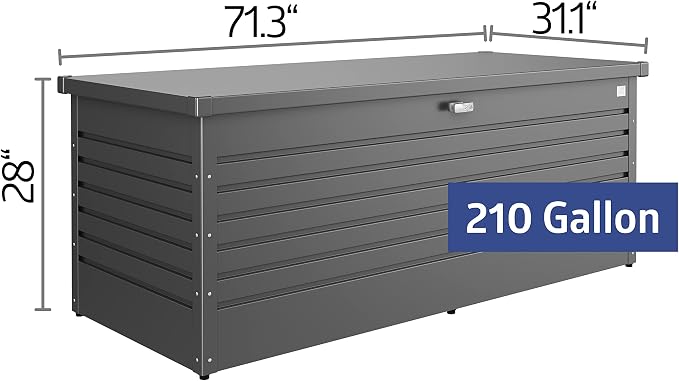 Biohort Leisure Time 210 Gallon Metal Deck Box, Dark Gray | 71 L x 31 W x 27.9 H, Durable Large Outdoor Storage, Locking, Waterproof, Soft Close, Tools, Cushions, Pool, 20 Year Warranty