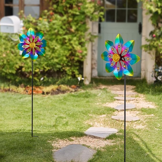 VEWOGARDEN 2 Pack Wind Spinners Outdoor, Metal Wind Spinner with Flower Design for Yard Garden Lawn Decorations, Colorful