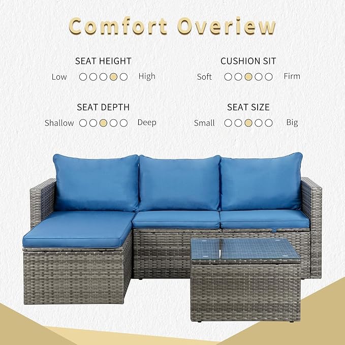 JAMFLY 3-Piece Outdoor Sectional Sofa Set with Glass Coffee Table, All-Weather PE Wicker Patio Furniture with Thick Cushions, Modular Conversation Set for Small Balcony, Deck & Porch, Blue