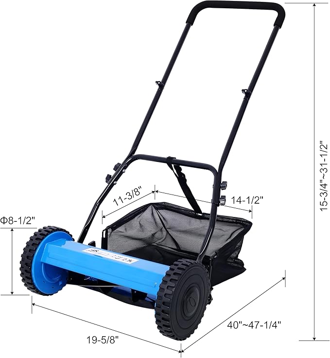Ochine 14-Inch 5-Blade Push Reel Lawn Mower, Cordless Manual Reel Lawn Mower Walk-Behind Steel Lawn Mowers for Farms, Parks, Yards and Courts