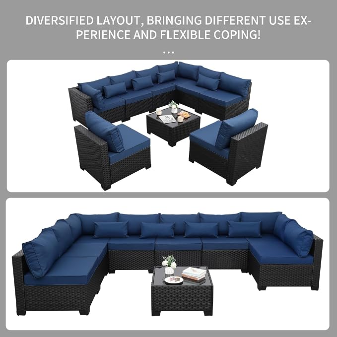 Rattaner 9 Pieces Outdoor Sectional All-Weather Wicker Patio Furniture Set Patio Sectional and Glass Patio Table Non-Slip Cushions and Waterproof Covers, Navy Blue