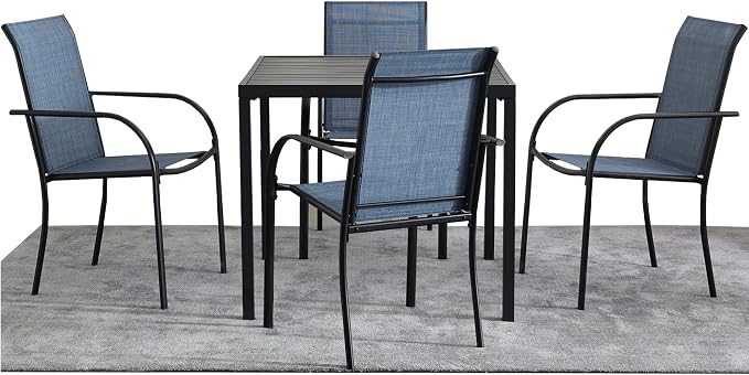 5-Piece Outdoor Dining Set, 35.5" Square Metal Patio Table with Light Blue Chairs, Black Table with Umbrella Hole for Garden, Yard, Patio