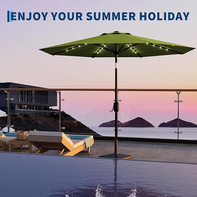 Garvee 9/10 FT Solar Patio Umbrella with 32 LED Lights - Outdoor Table Umbrella with Crank Lift, Push Button Tilt and 8 Sturdy Ribs - Market Umbrella UV Protection for Pool, Deck, Yard, Garden