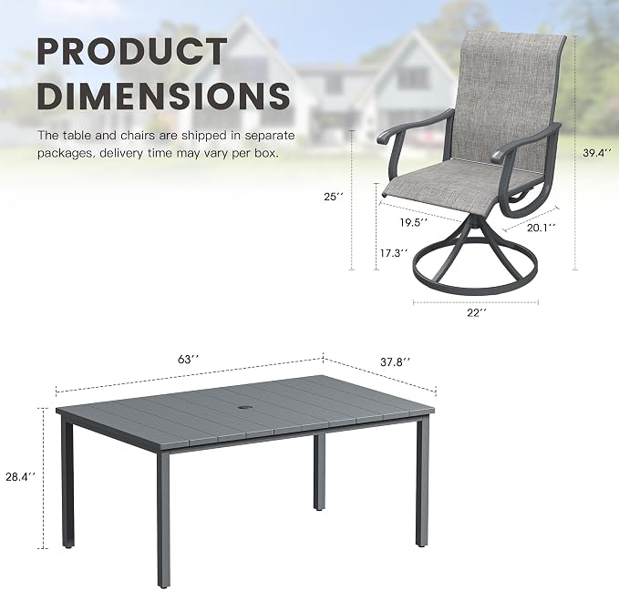 Outdoor Dining Set for 6, 63" Metal Outdoor Dining Table with Umbrella Hole and Sling Patio Swivel Chairs, 7 Pieces Patio Table and Chairs Set for Garden Backyard, Grey and Dark Grey