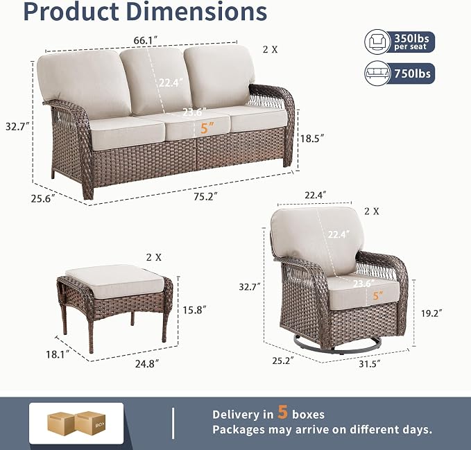 6 PCS Patio Furniture Set Outdoor Sectional Sofa Couch with Rocking Swivel Chairs 5" Deep Seat Chairs, 2 Sofa Sets Modern Wicker Rattan Conversation Set, Beige/Brown Wicker