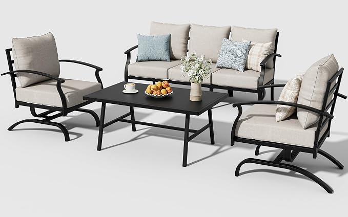 ALAULM 4 Piece Patio Furniture Set,Outdoor Metal Patio Furniture with Coffee Table & Rocking Chairs Conversation Set for Porch,Backyard,Poolside, Garden-Sand