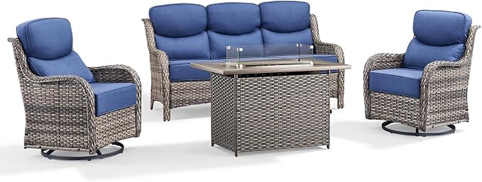 Luxury Patio Furniture Set with 6-inch Thick Cushion, Outdoor Furniture with Fire Pit Table, Swivel Chairs, Sofa, 4pcs Wicker Conversation Set for Deck Yard and Poolside Grey Wicker | Blue Cushion