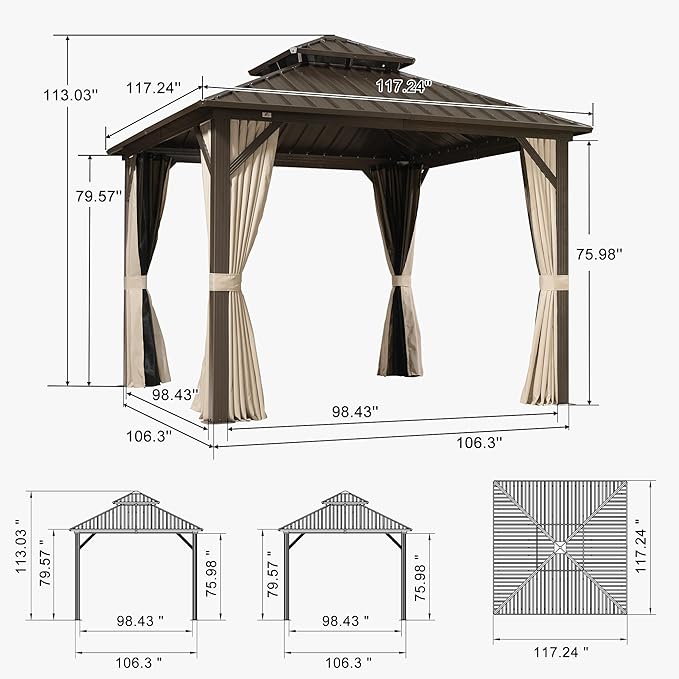 PURPLE LEAF 10’ X 10’ Outdoor Hardtop Gazebo Metal Frame Galvanized Steel Double Roof with Curtains and Nettings for Patio Desk Backyard Bronze