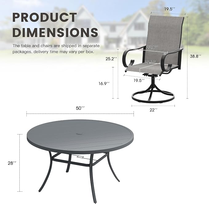 9 Pieces Patio Dining Set, 8 Outdoor Swivel Dining Chairs with 60" Round Metal Outdoor Dining Table with Umbrella Hole for Garden Backyard Deck, Grey & Dark Grey